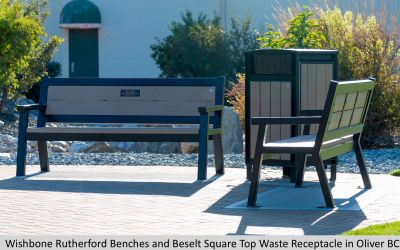 Wishbone Rutherford Benches and Beselt Square Top Waste Receptacle in Oliver BC